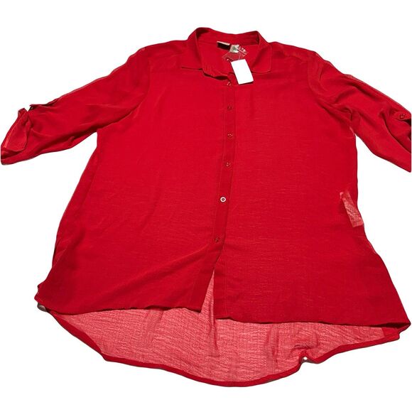 Chicos 3 Red Gauze Shirt Women’s XL Sheer Tunic Button Up Gauzy Misha NWT - Picture 1 of 9